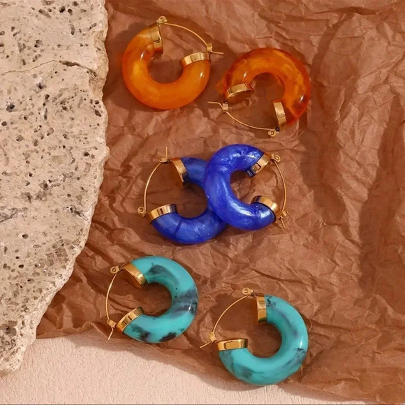 Blue 18K Gold Stainless Steel Hoop Earrings - Picture 9 of 12